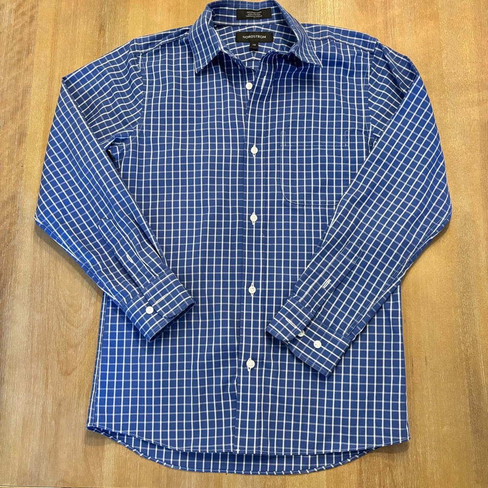 Nordstrom Boys Blue & White Windowpane Collared Shirt, Size 12
